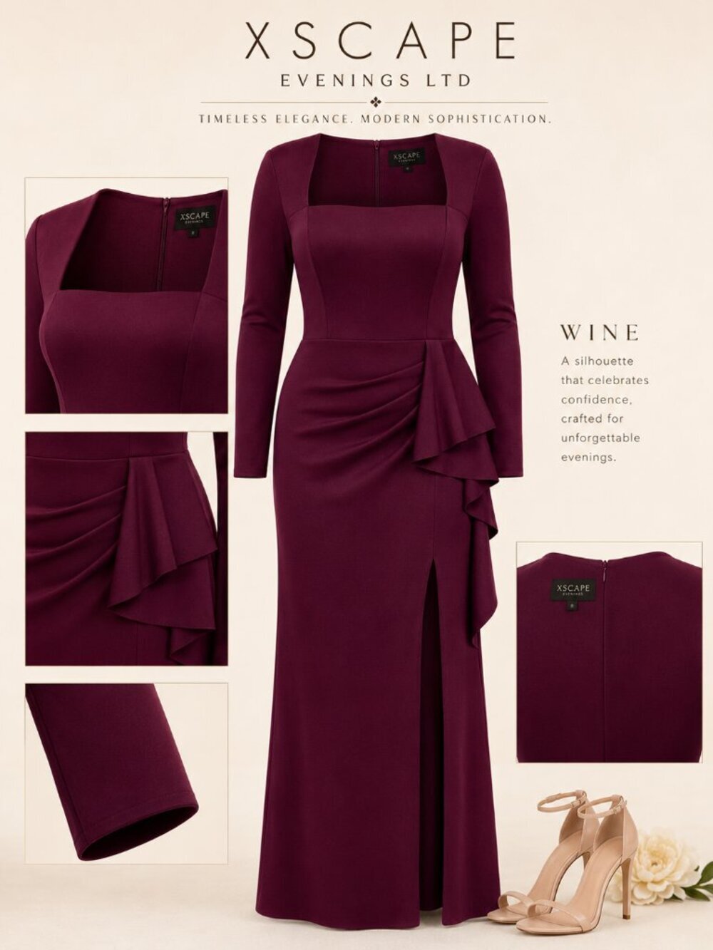 XSCAPE Plus Wine Square Neck Ruffle Formal Gown Size 20W NWT
